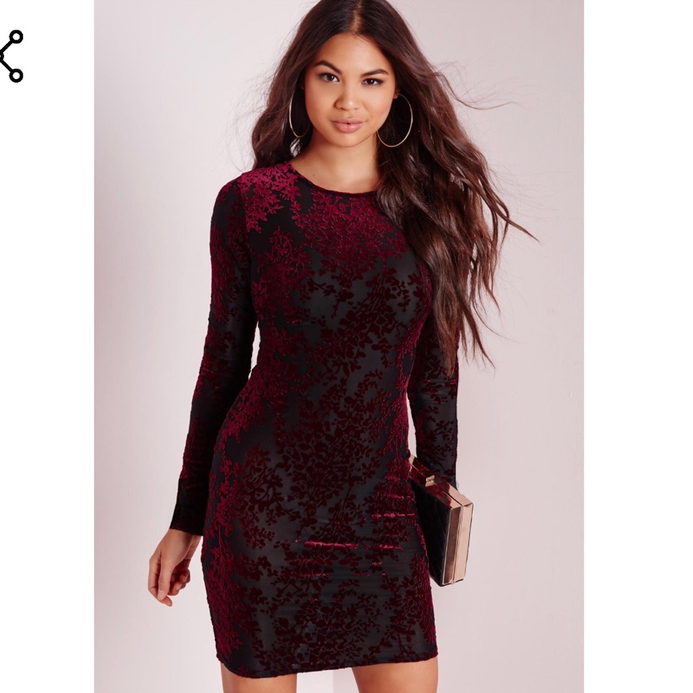 Missguided floral textured velvet maroon dress - S